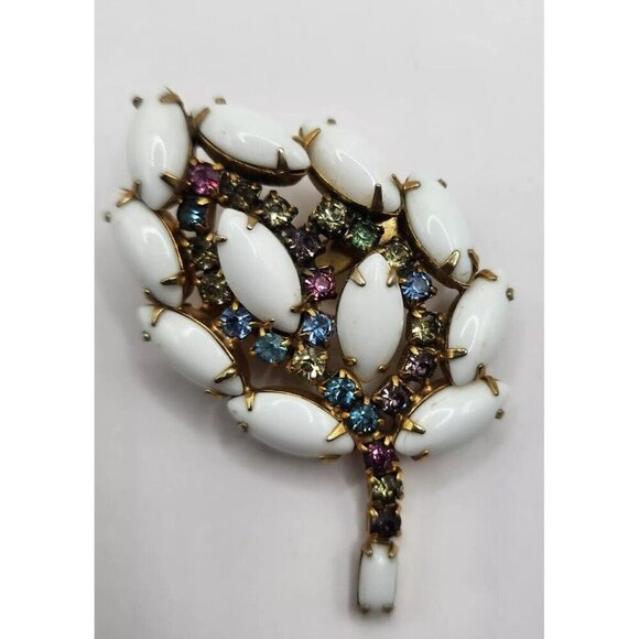 Vintage Leaf Multicolor Rhinestone Brooch Milk White & Aurora Borealis - Picture 2 of 6